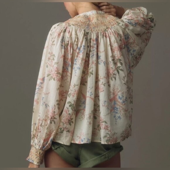 Anthropologie Cream Floral Smocked Long Sleeve Lurex Blouse Medium Peasant Boho - Picture 3 of 10